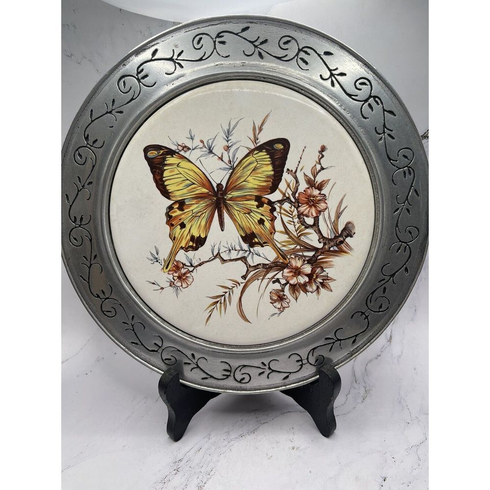 Vintage‎ Pewter & Ceramic Yellow Butterfly Trivet by Cast Craft, Columbia, PA